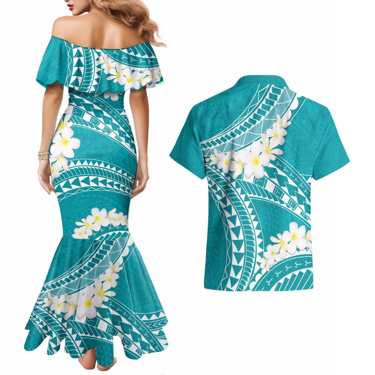 Polynesian Vintage Floral Couples Matching Mermaid Dress and Hawaiian Shirt Teal Motifs LT7 - Polynesian Pride