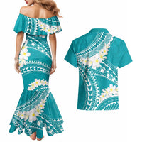Polynesian Vintage Floral Couples Matching Mermaid Dress and Hawaiian Shirt Teal Motifs LT7 - Polynesian Pride