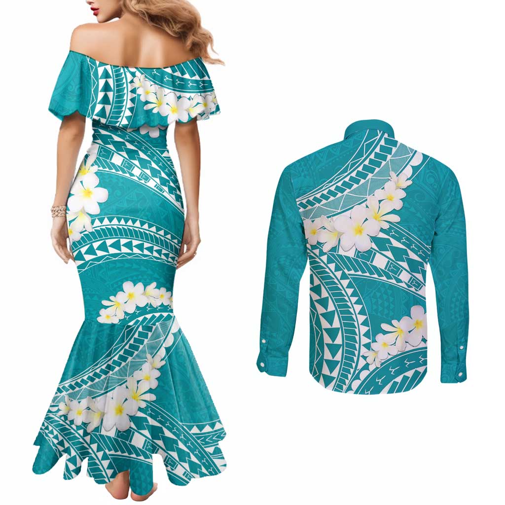 Polynesian Vintage Floral Couples Matching Mermaid Dress and Long Sleeve Button Shirt Teal Motifs LT7 - Polynesian Pride