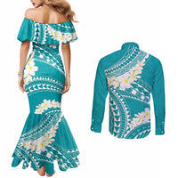 Polynesian Vintage Floral Couples Matching Mermaid Dress and Long Sleeve Button Shirt Teal Motifs LT7 - Polynesian Pride