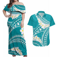 Polynesian Vintage Floral Couples Matching Off Shoulder Maxi Dress and Hawaiian Shirt Teal Motifs LT7 Teal - Polynesian Pride