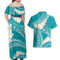 Polynesian Vintage Floral Couples Matching Off Shoulder Maxi Dress and Hawaiian Shirt Teal Motifs LT7 - Polynesian Pride