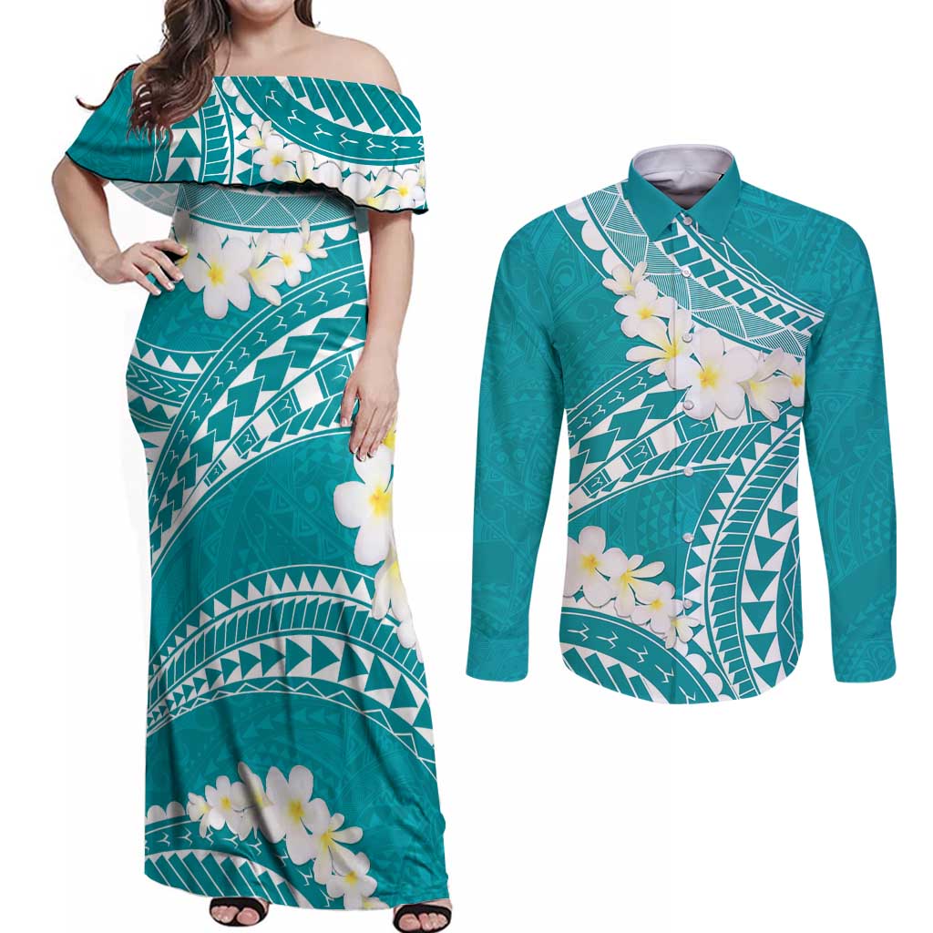 Polynesian Vintage Floral Couples Matching Off Shoulder Maxi Dress and Long Sleeve Button Shirt Teal Motifs LT7 Teal - Polynesian Pride