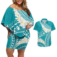 Polynesian Vintage Floral Couples Matching Off Shoulder Short Dress and Hawaiian Shirt Teal Motifs LT7 Teal - Polynesian Pride