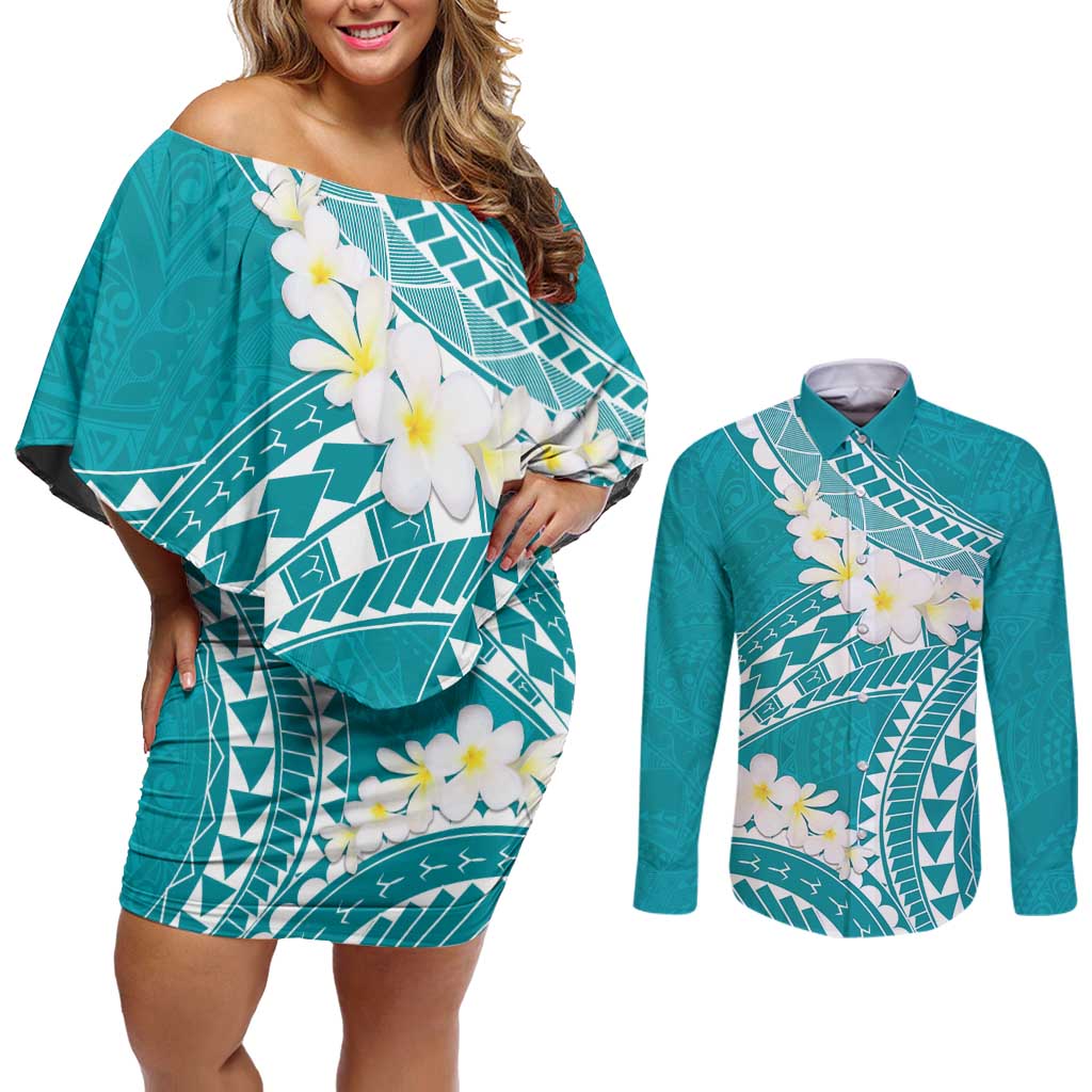 Polynesian Vintage Floral Couples Matching Off Shoulder Short Dress and Long Sleeve Button Shirt Teal Motifs LT7 Teal - Polynesian Pride
