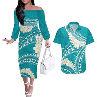 Polynesian Vintage Floral Couples Matching Off The Shoulder Long Sleeve Dress and Hawaiian Shirt Teal Motifs LT7 Teal - Polynesian Pride