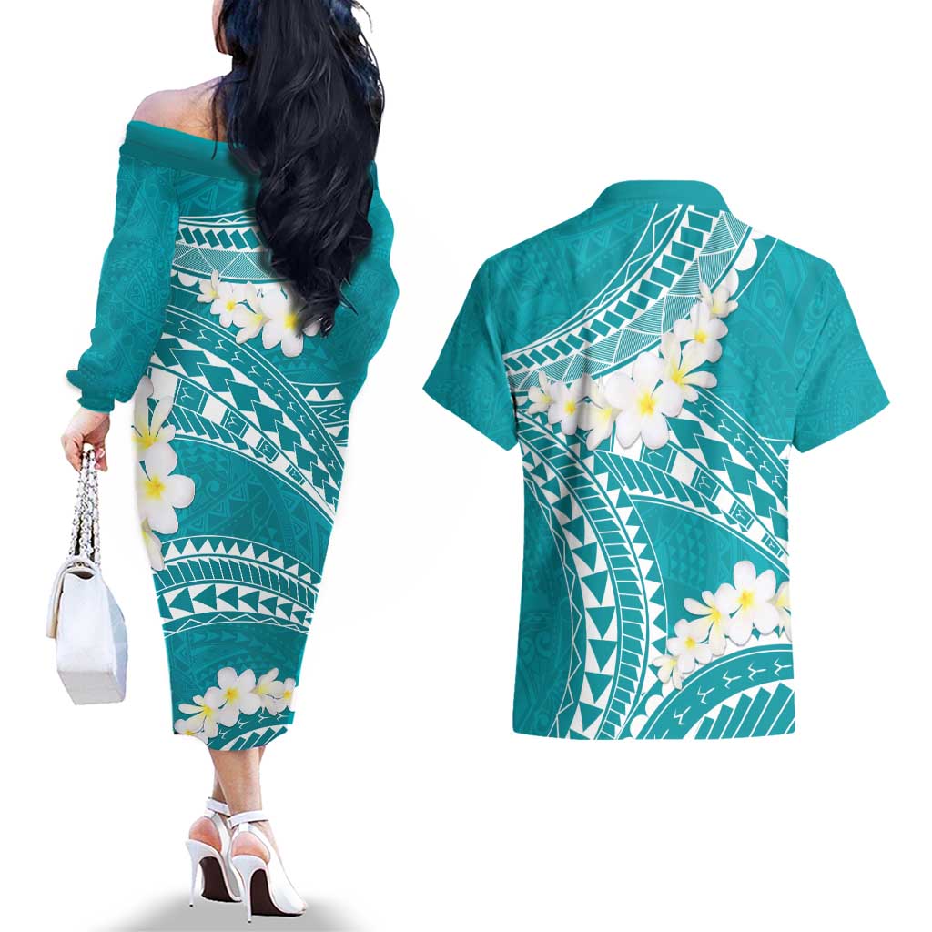 Polynesian Vintage Floral Couples Matching Off The Shoulder Long Sleeve Dress and Hawaiian Shirt Teal Motifs LT7 - Polynesian Pride