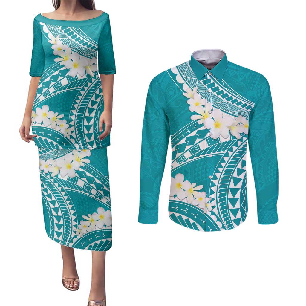 Polynesian Vintage Floral Couples Matching Puletasi and Long Sleeve Button Shirt Teal Motifs LT7 Teal - Polynesian Pride