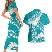 Polynesian Vintage Floral Couples Matching Short Sleeve Bodycon Dress and Hawaiian Shirt Teal Motifs LT7 - Polynesian Pride