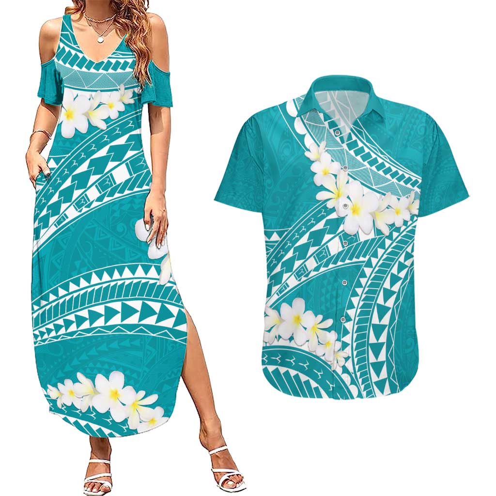 Polynesian Vintage Floral Couples Matching Summer Maxi Dress and Hawaiian Shirt Teal Motifs LT7 Teal - Polynesian Pride