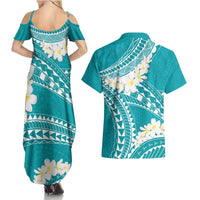 Polynesian Vintage Floral Couples Matching Summer Maxi Dress and Hawaiian Shirt Teal Motifs LT7 - Polynesian Pride