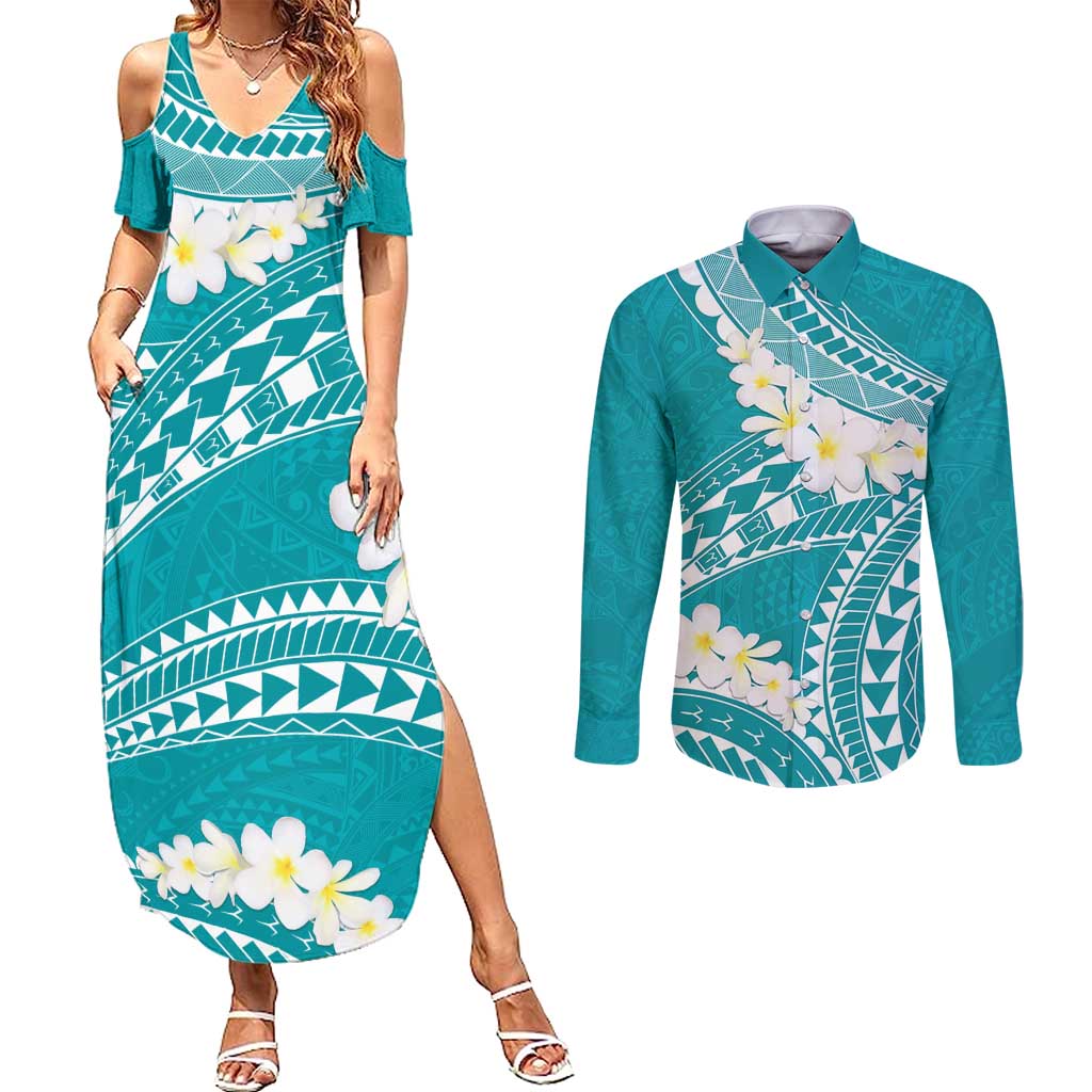 Polynesian Vintage Floral Couples Matching Summer Maxi Dress and Long Sleeve Button Shirt Teal Motifs LT7 Teal - Polynesian Pride