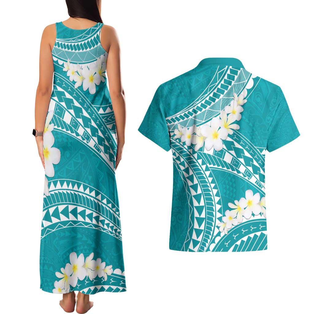 Polynesian Vintage Floral Couples Matching Tank Maxi Dress and Hawaiian Shirt Teal Motifs LT7 - Polynesian Pride