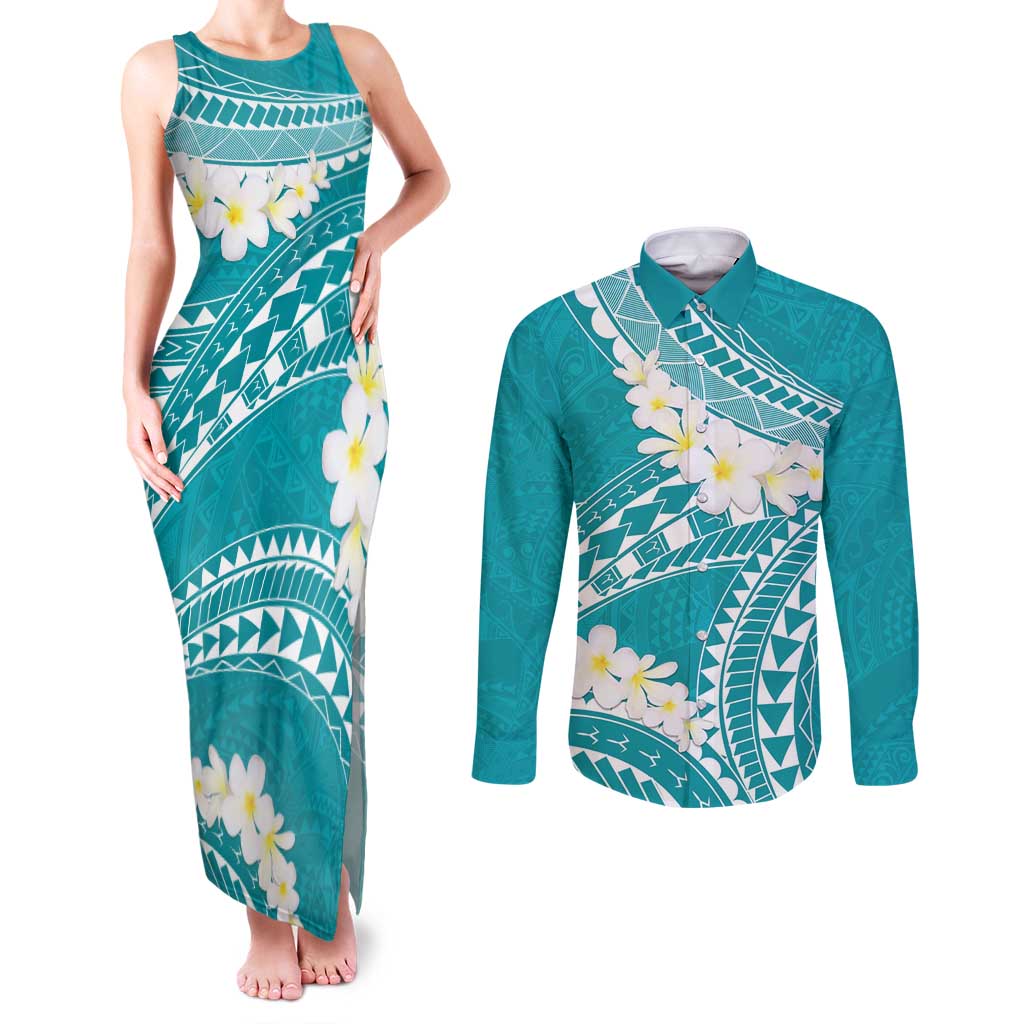 Polynesian Vintage Floral Couples Matching Tank Maxi Dress and Long Sleeve Button Shirt Teal Motifs LT7 Teal - Polynesian Pride
