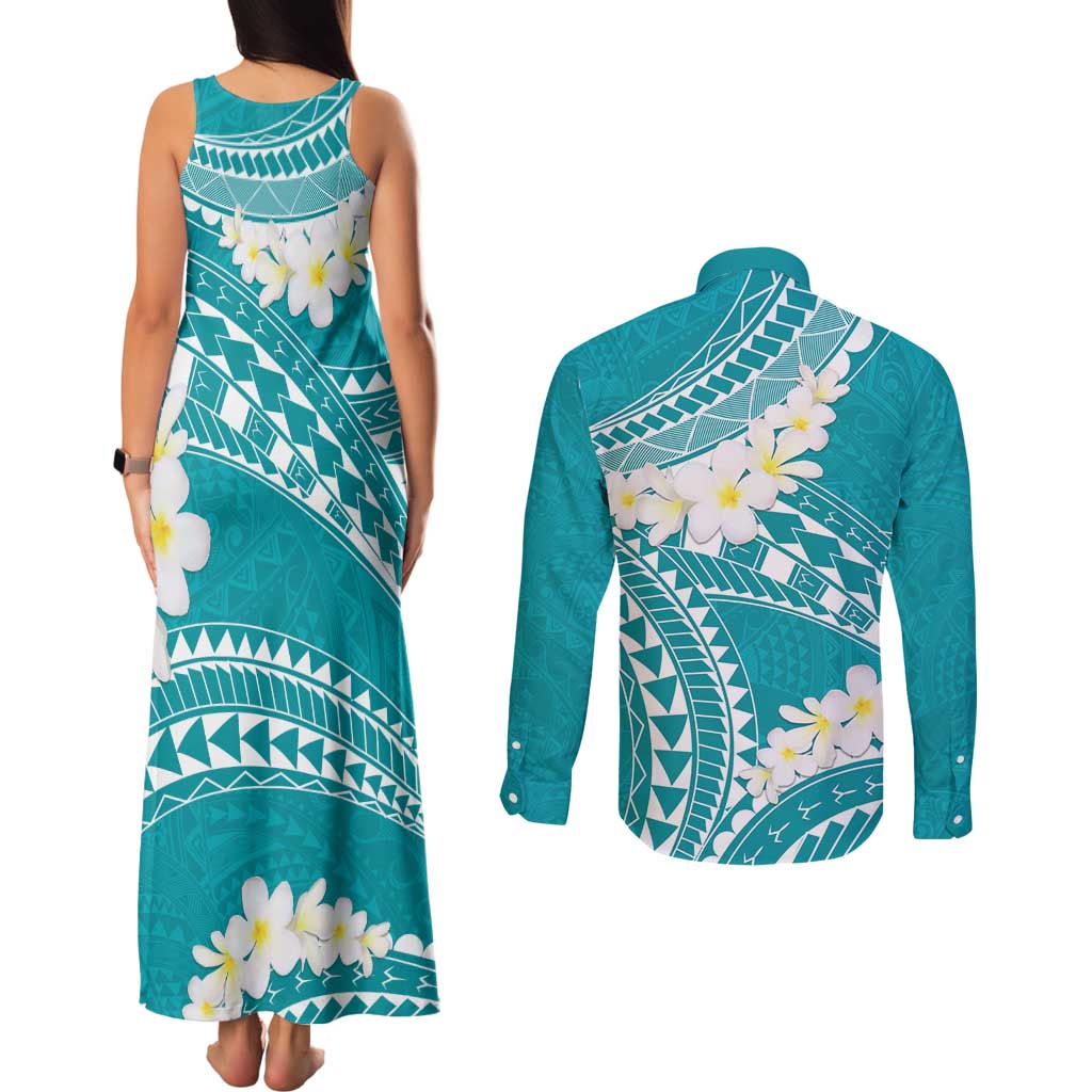 Polynesian Vintage Floral Couples Matching Tank Maxi Dress and Long Sleeve Button Shirt Teal Motifs LT7 - Polynesian Pride