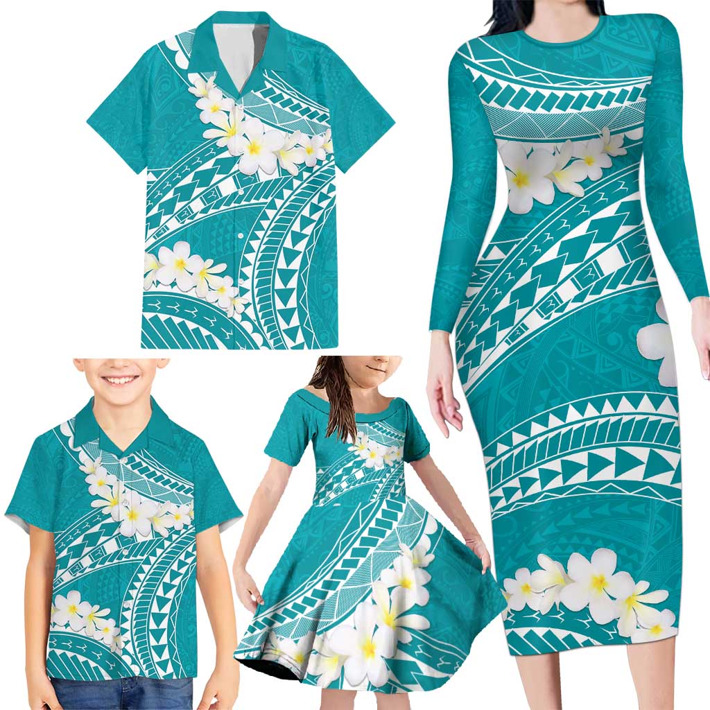 Polynesian Vintage Floral Family Matching Long Sleeve Bodycon Dress and Hawaiian Shirt Teal Motifs LT7 - Polynesian Pride