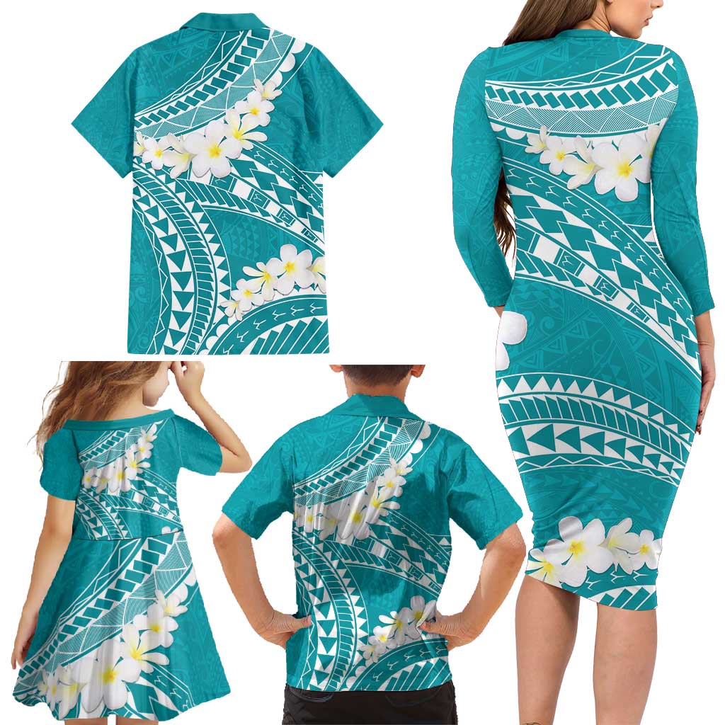 Polynesian Vintage Floral Family Matching Long Sleeve Bodycon Dress and Hawaiian Shirt Teal Motifs LT7 - Polynesian Pride