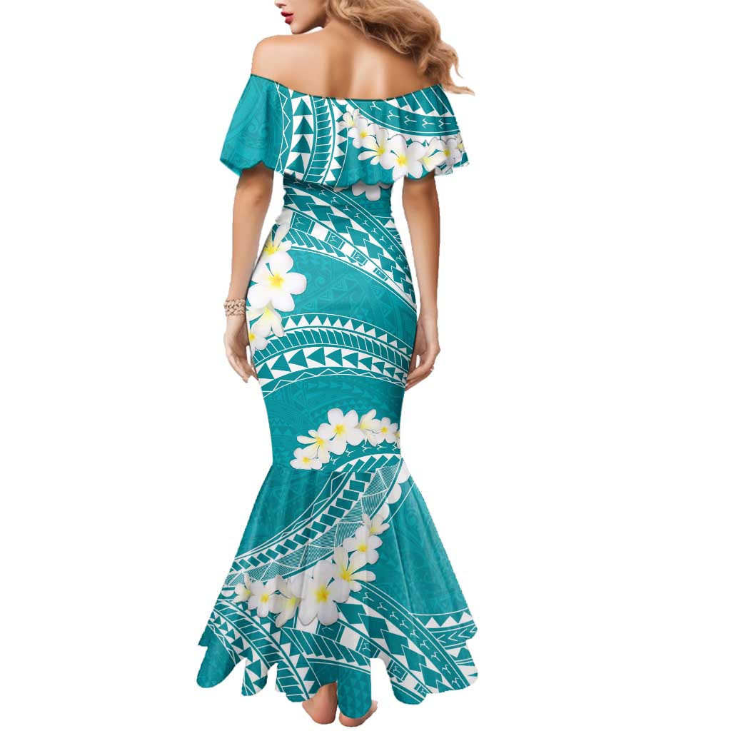 Polynesian Vintage Floral Family Matching Mermaid Dress and Hawaiian Shirt Teal Motifs LT7 - Polynesian Pride