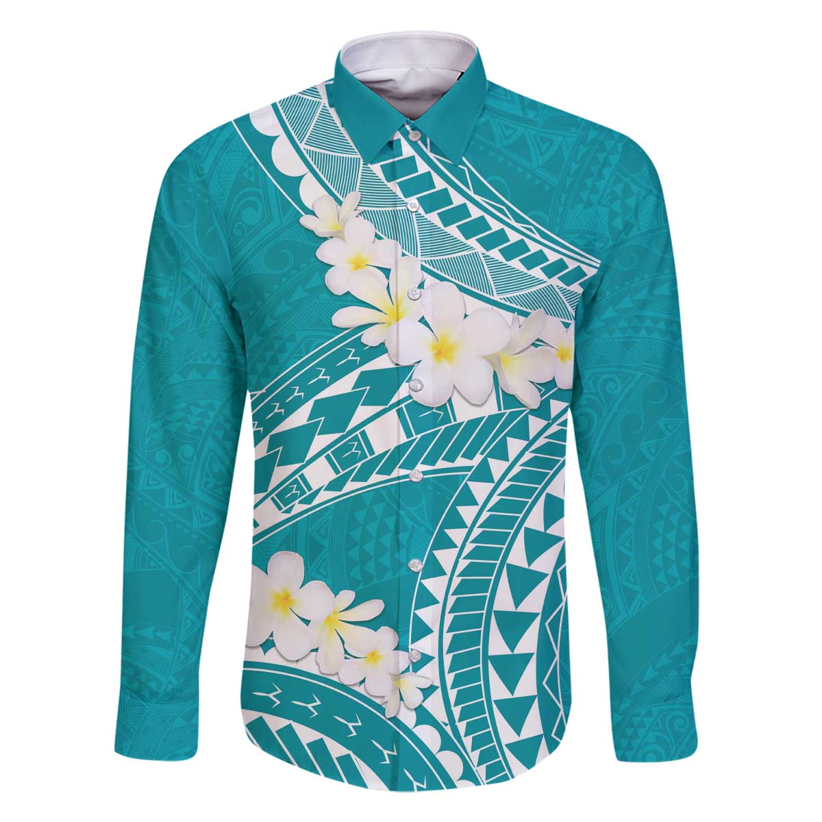 Polynesian Vintage Floral Family Matching Off The Shoulder Long Sleeve Dress and Hawaiian Shirt Teal Motifs LT7 Dad's Shirt - Long Sleeve Teal - Polynesian Pride
