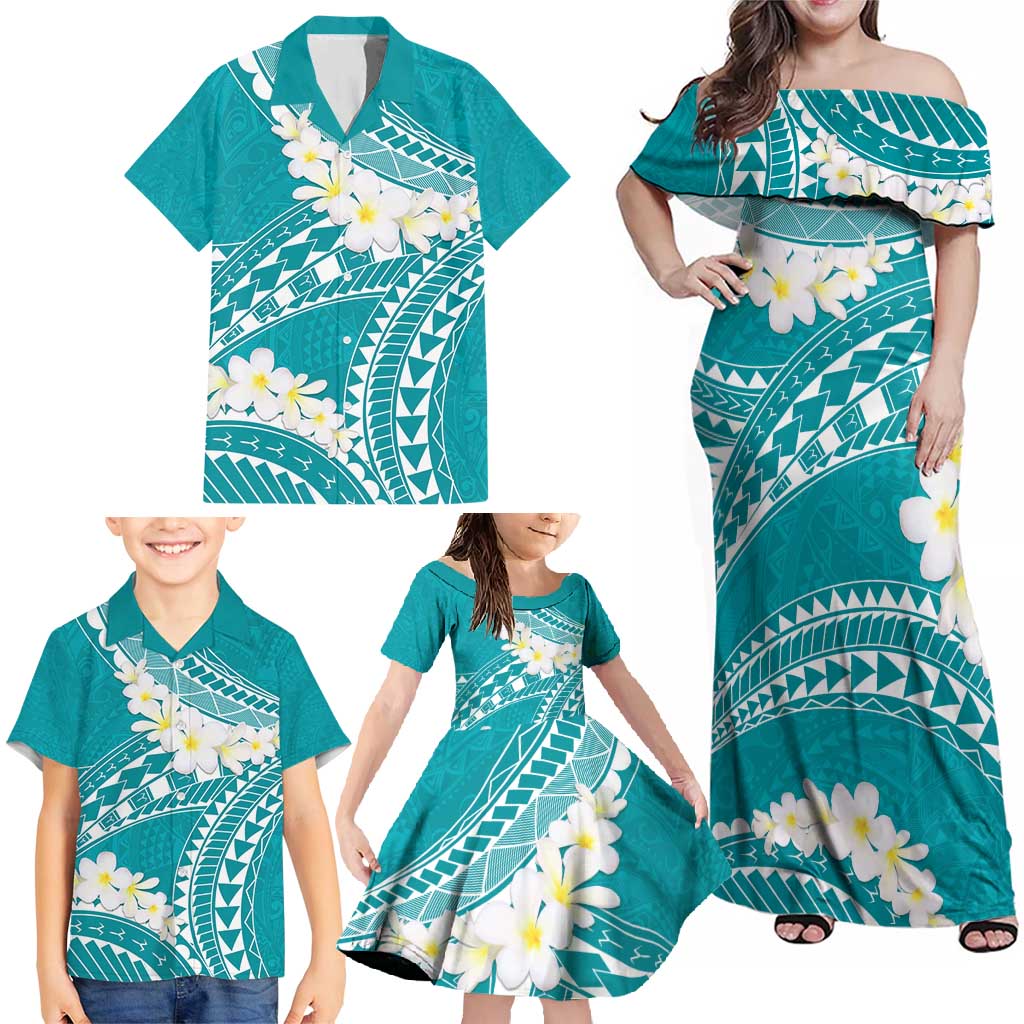 Polynesian Vintage Floral Family Matching Off Shoulder Maxi Dress and Hawaiian Shirt Teal Motifs LT7 - Polynesian Pride