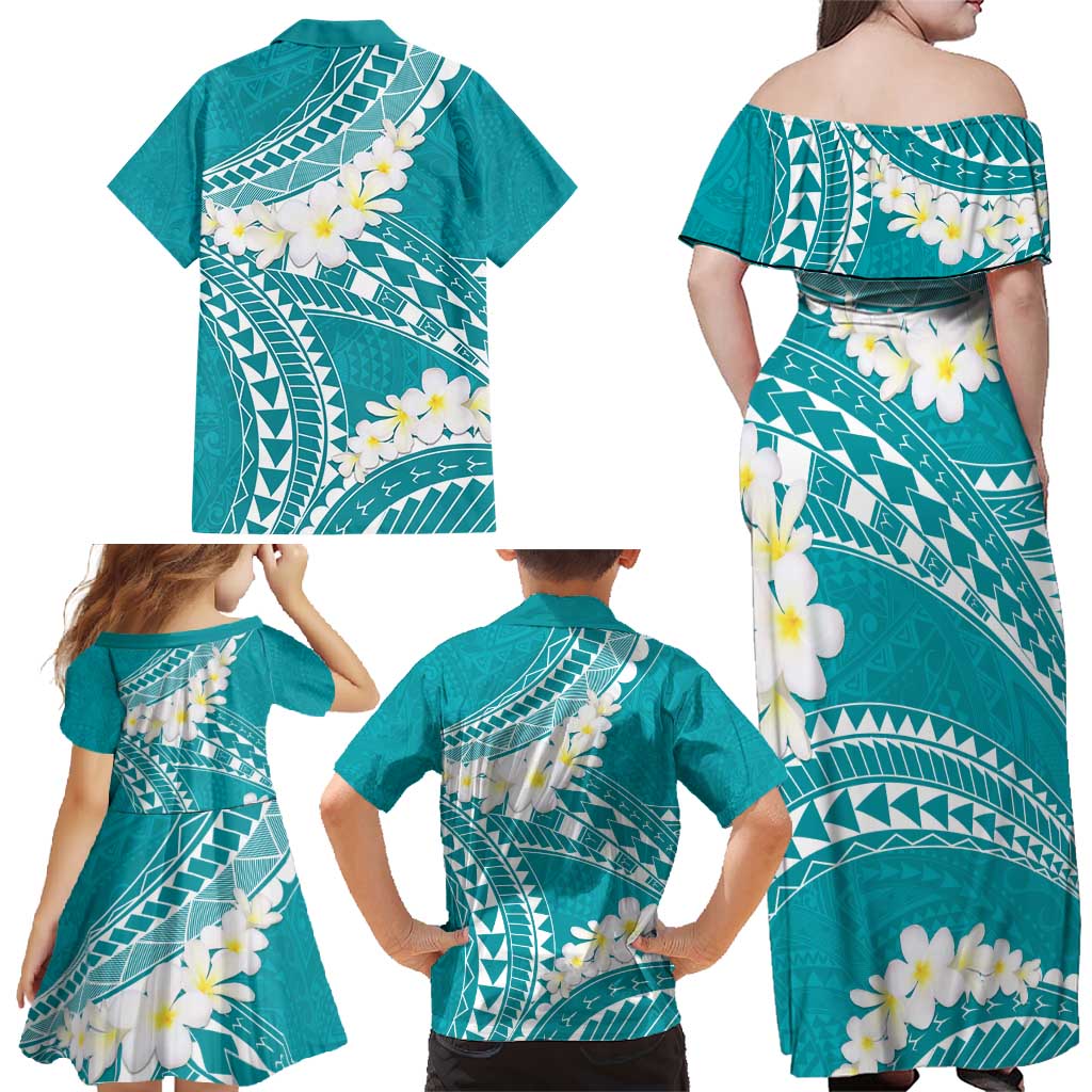 Polynesian Vintage Floral Family Matching Off Shoulder Maxi Dress and Hawaiian Shirt Teal Motifs LT7 - Polynesian Pride