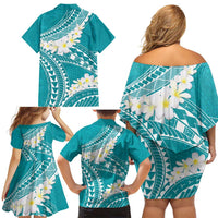 Polynesian Vintage Floral Family Matching Off Shoulder Short Dress and Hawaiian Shirt Teal Motifs LT7 - Polynesian Pride