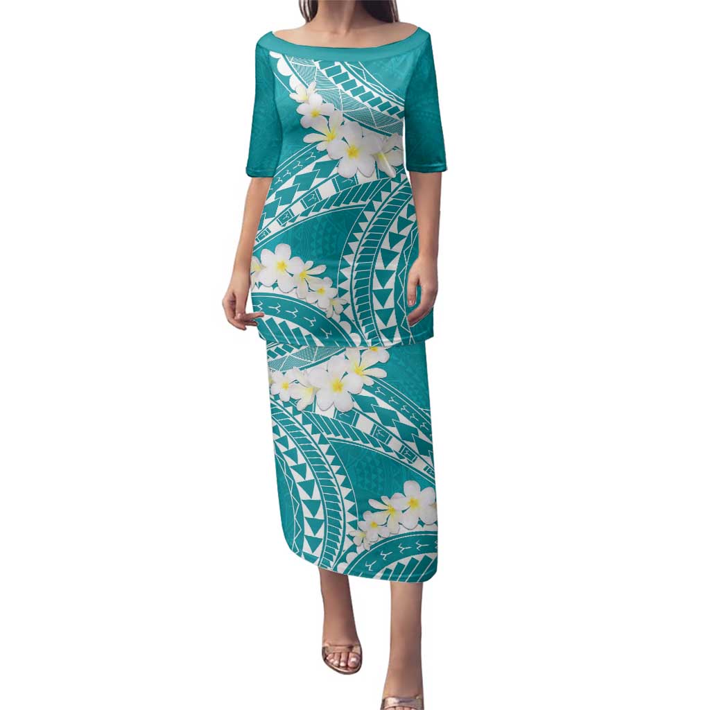 Polynesian Vintage Floral Family Matching Puletasi and Hawaiian Shirt Teal Motifs LT7 Mom's Dress Teal - Polynesian Pride