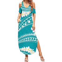 Polynesian Vintage Floral Family Matching Summer Maxi Dress and Hawaiian Shirt Teal Motifs LT7 Mom's Dress Teal - Polynesian Pride