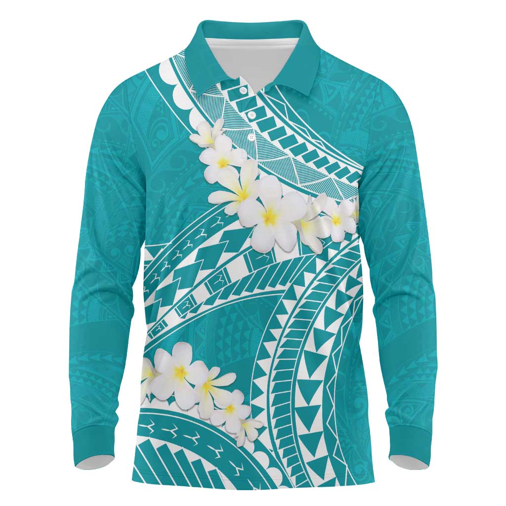 Polynesian Vintage Floral Long Sleeve Polo Shirt Teal Motifs LT7 Teal - Polynesian Pride