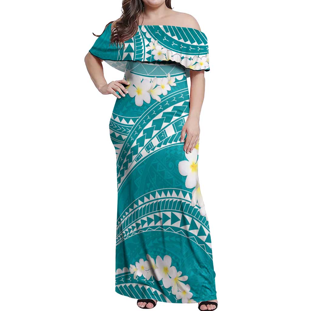 Polynesian Vintage Floral Off Shoulder Maxi Dress Teal Motifs - Polynesian Pride