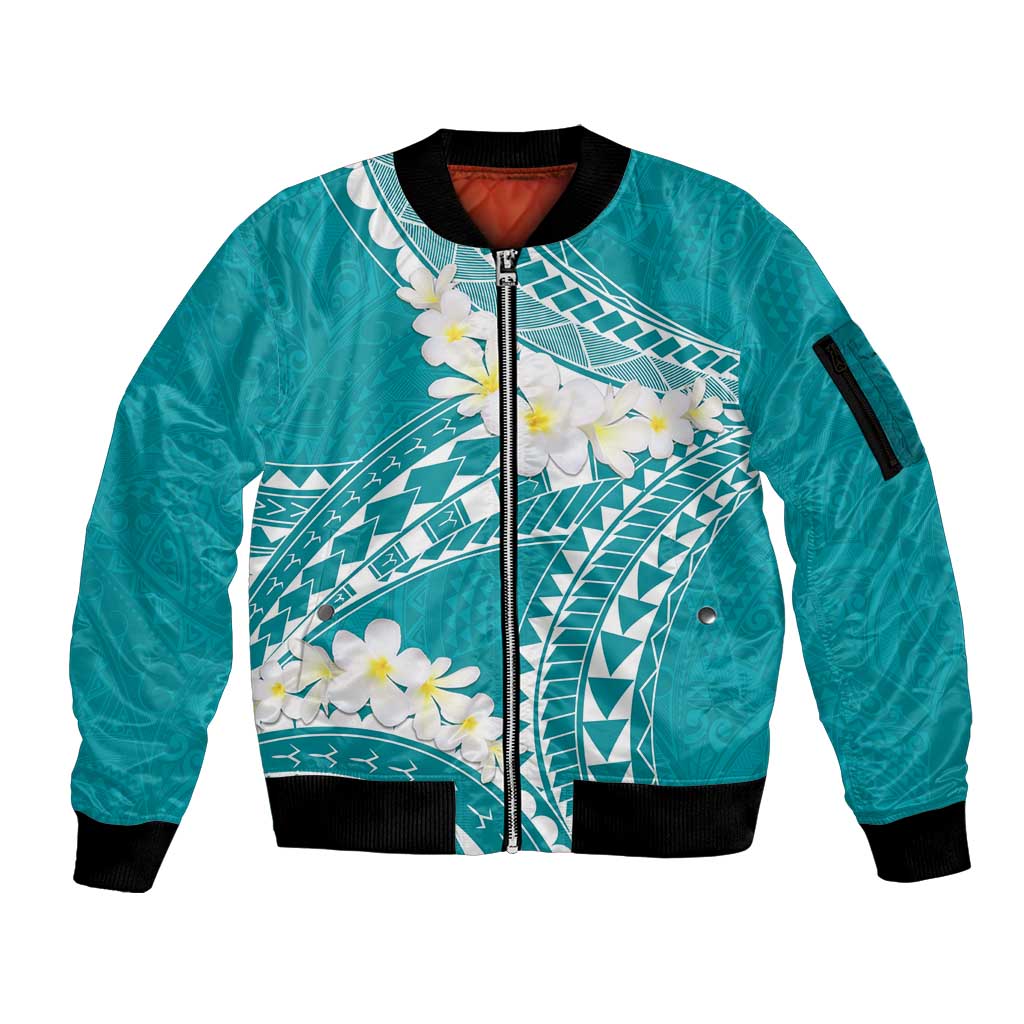 Polynesian Vintage Floral Sleeve Zip Bomber Jacket Teal Motifs LT7 Unisex Teal - Polynesian Pride