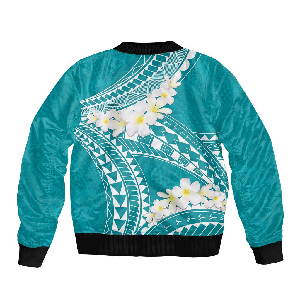 Polynesian Vintage Floral Sleeve Zip Bomber Jacket Teal Motifs LT7 - Polynesian Pride