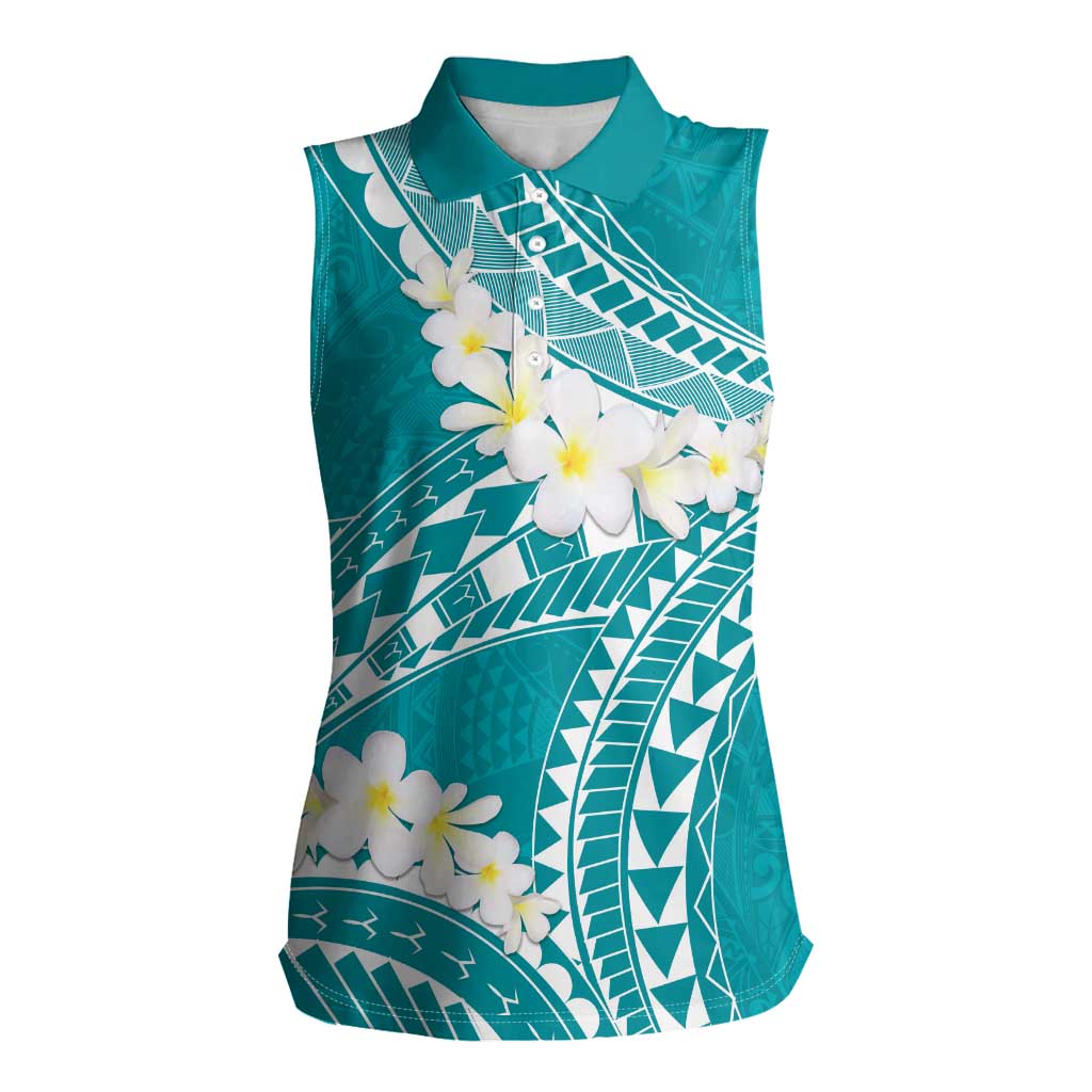 Polynesian Vintage Floral Women Sleeveless Polo Shirt Teal Motifs LT7 Female Teal - Polynesian Pride