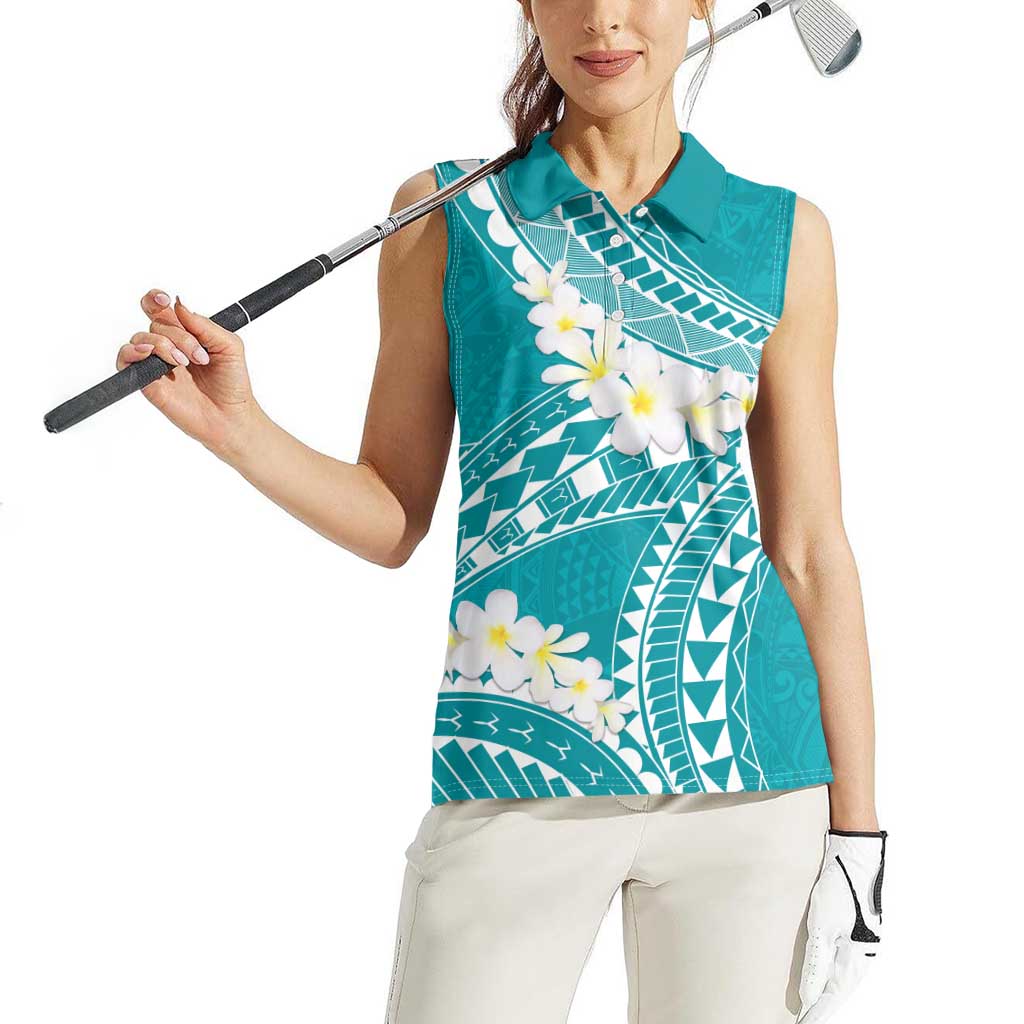 Polynesian Vintage Floral Women Sleeveless Polo Shirt Teal Motifs - Polynesian Pride
