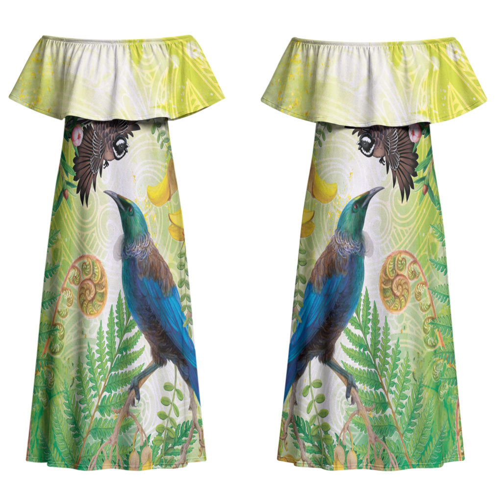 New Zealand Maori Mahuru Couples Matching Off Shoulder Maxi Dress and Long Sleeve Button Shirt Tui With Pikawakawa Spring Colors LT7 - Polynesian Pride