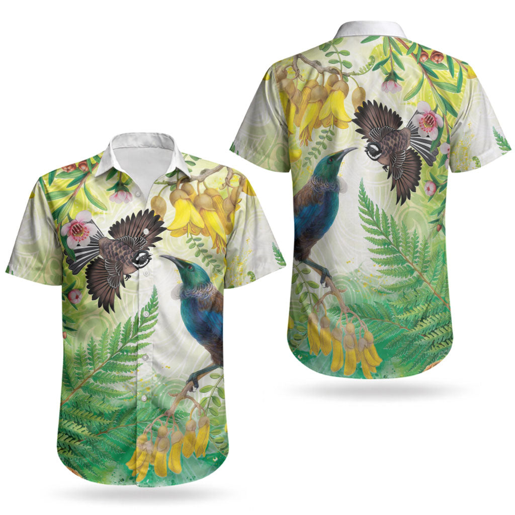 New Zealand Maori Mahuru Couples Matching Short Sleeve Bodycon Dress and Hawaiian Shirt Tui With Pikawakawa Spring Colors LT7 - Polynesian Pride