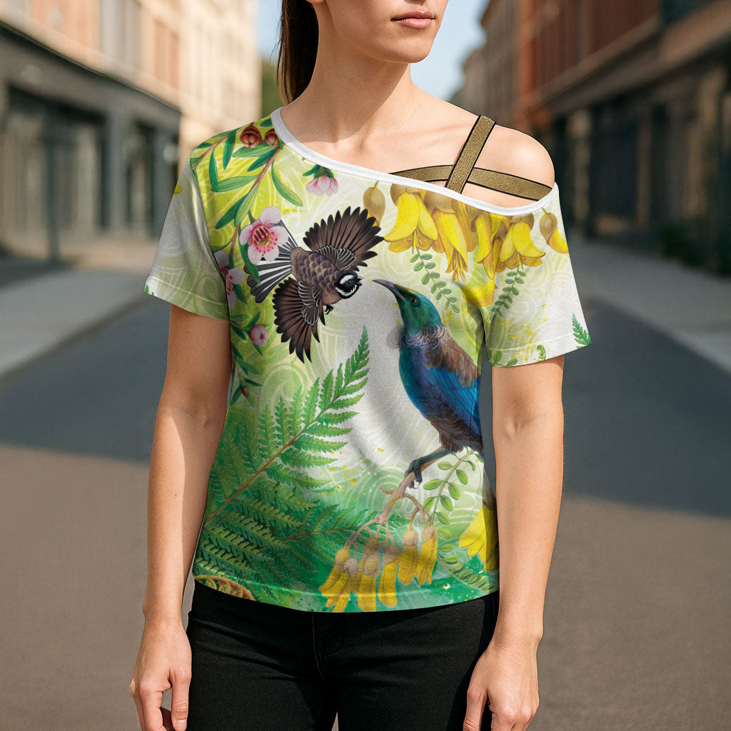 New Zealand Maori Mahuru Cross Shoulder Shirt Tui With Pikawakawa Spring Colors LT7 - Polynesian Pride