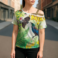 New Zealand Maori Mahuru Cross Shoulder Shirt Tui With Pikawakawa Spring Colors LT7 - Polynesian Pride