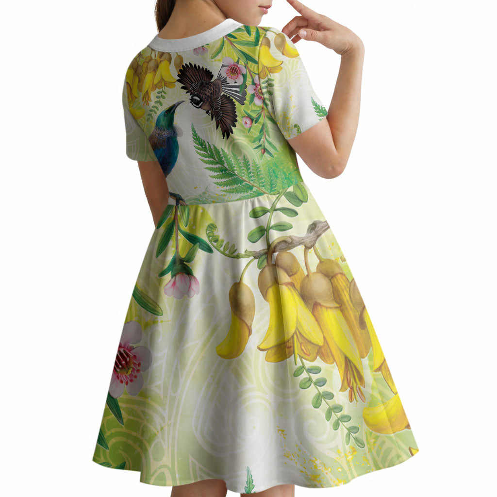 New Zealand Maori Mahuru Kid Short Sleeve Dress Tui With Pikawakawa Spring Colors LT7 - Polynesian Pride