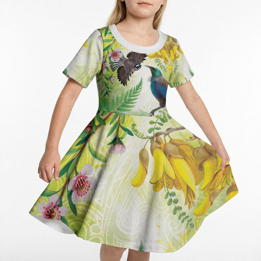 New Zealand Maori Mahuru Kid Short Sleeve Dress Tui With Pikawakawa Spring Colors LT7 - Polynesian Pride