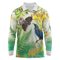 New Zealand Maori Mahuru Long Sleeve Polo Shirt Tui With Pikawakawa Spring Colors LT7 Multicolor - Polynesian Pride