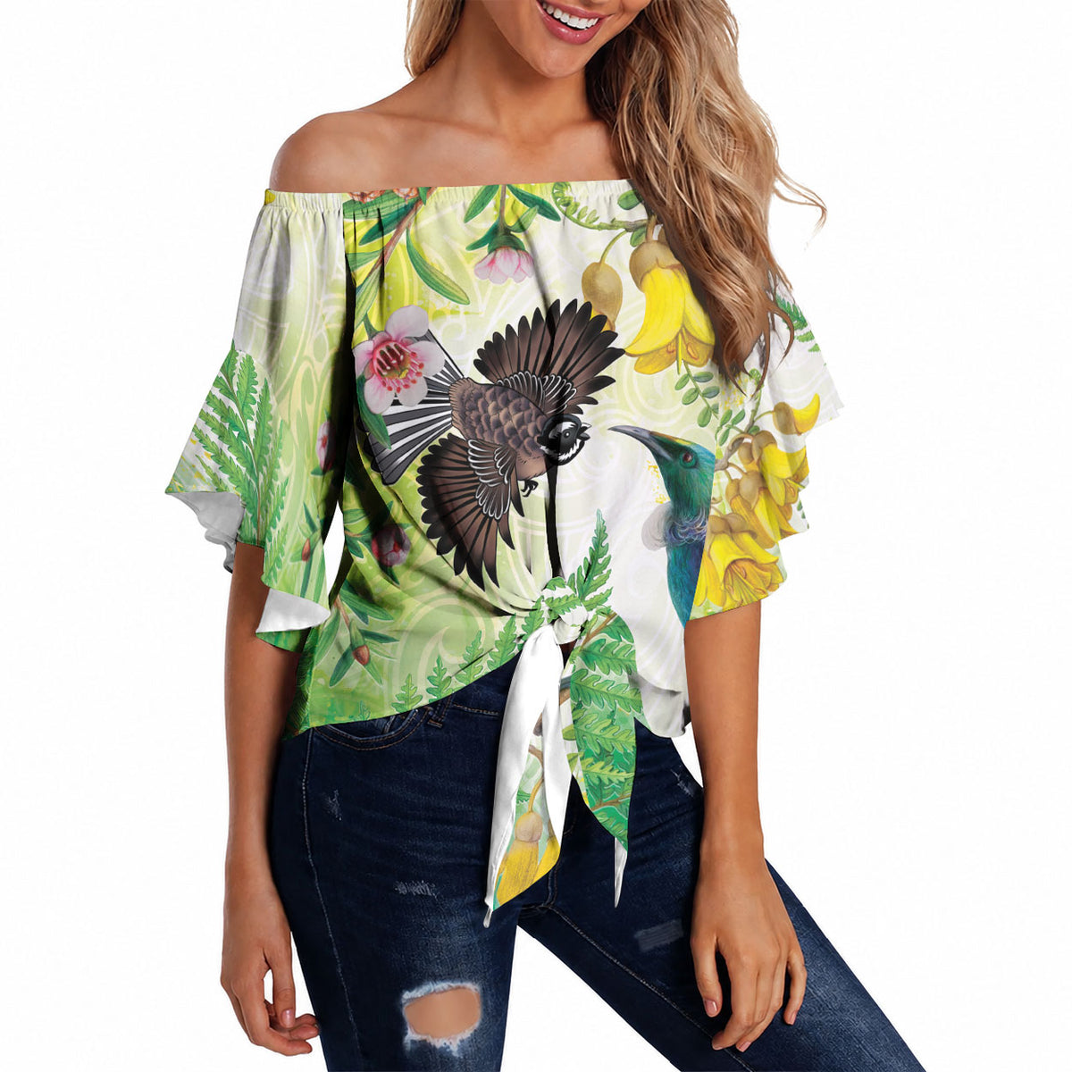 New Zealand Maori Mahuru Off Shoulder Wrap Waist Top Tui With Pikawakawa Spring Colors LT7 Multicolor - Polynesian Pride