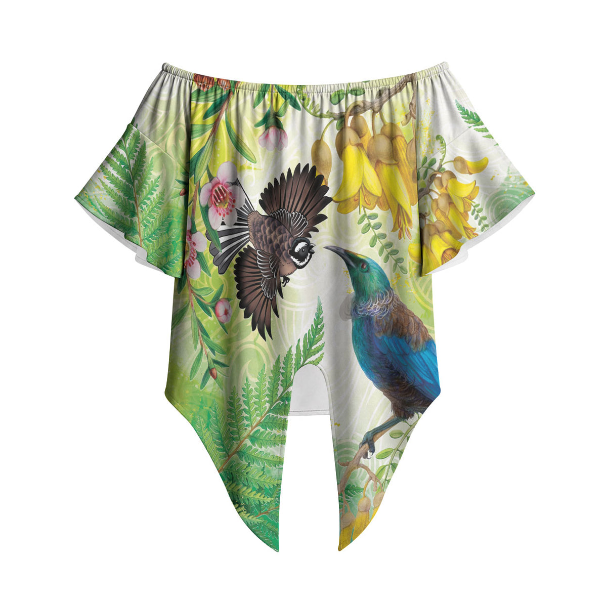 New Zealand Maori Mahuru Off Shoulder Wrap Waist Top Tui With Pikawakawa Spring Colors LT7 - Polynesian Pride