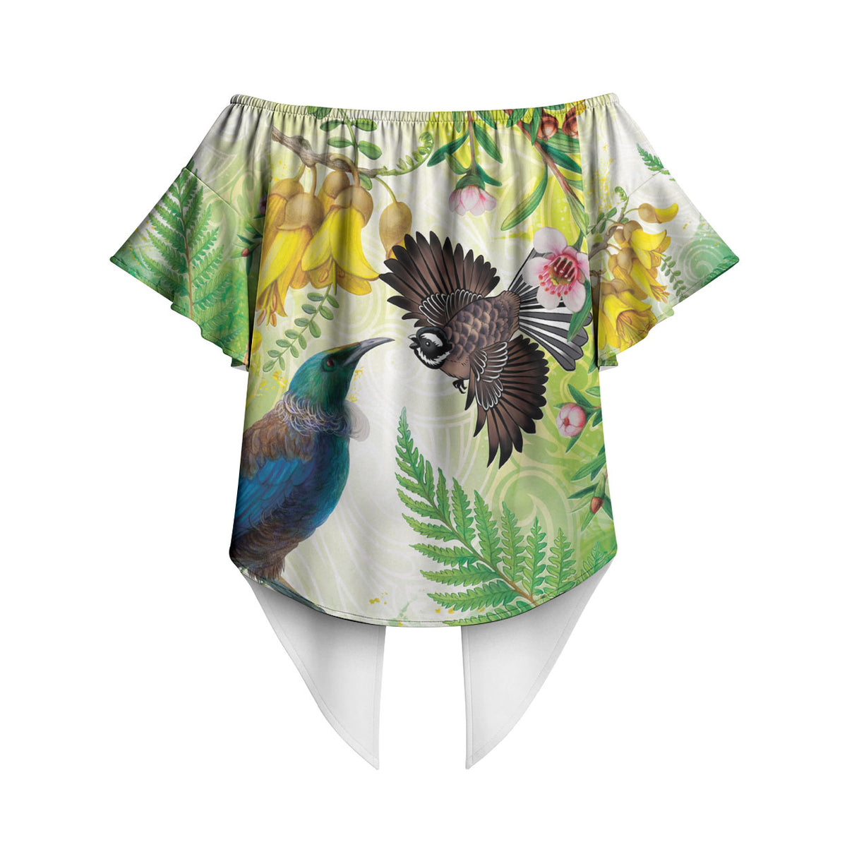 New Zealand Maori Mahuru Off Shoulder Wrap Waist Top Tui With Pikawakawa Spring Colors LT7 - Polynesian Pride