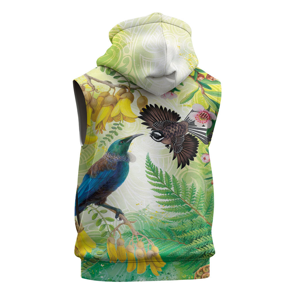 New Zealand Maori Mahuru Sleeveless Hoodie Tui With Pikawakawa Spring Colors LT7 - Polynesian Pride