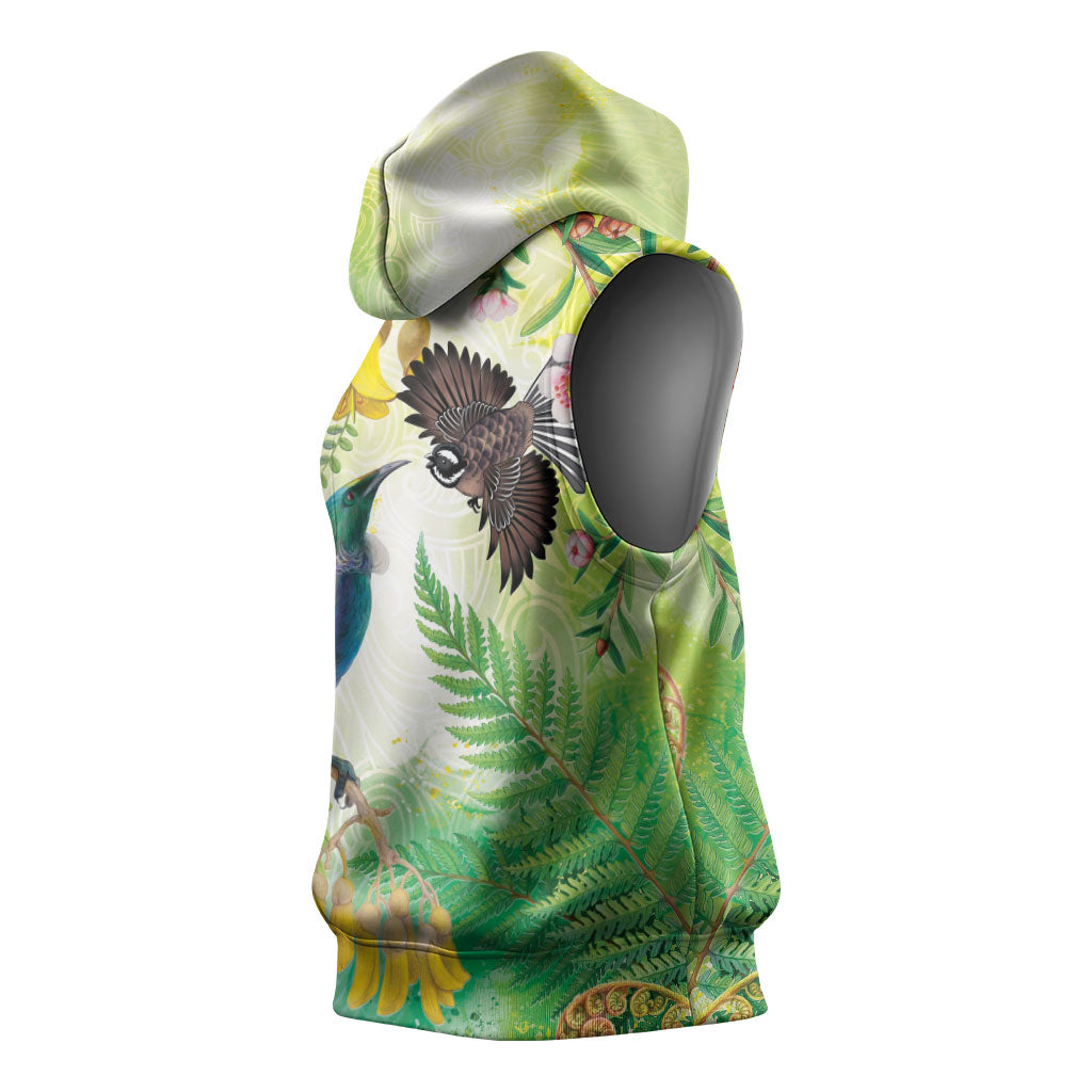 New Zealand Maori Mahuru Sleeveless Hoodie Tui With Pikawakawa Spring Colors LT7 - Polynesian Pride