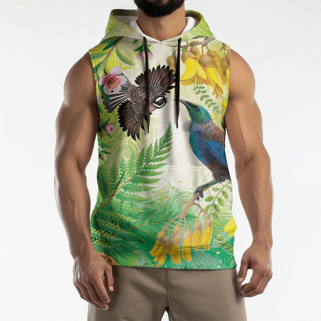 New Zealand Maori Mahuru Sleeveless Hoodie Tui With Pikawakawa Spring Colors LT7 - Polynesian Pride