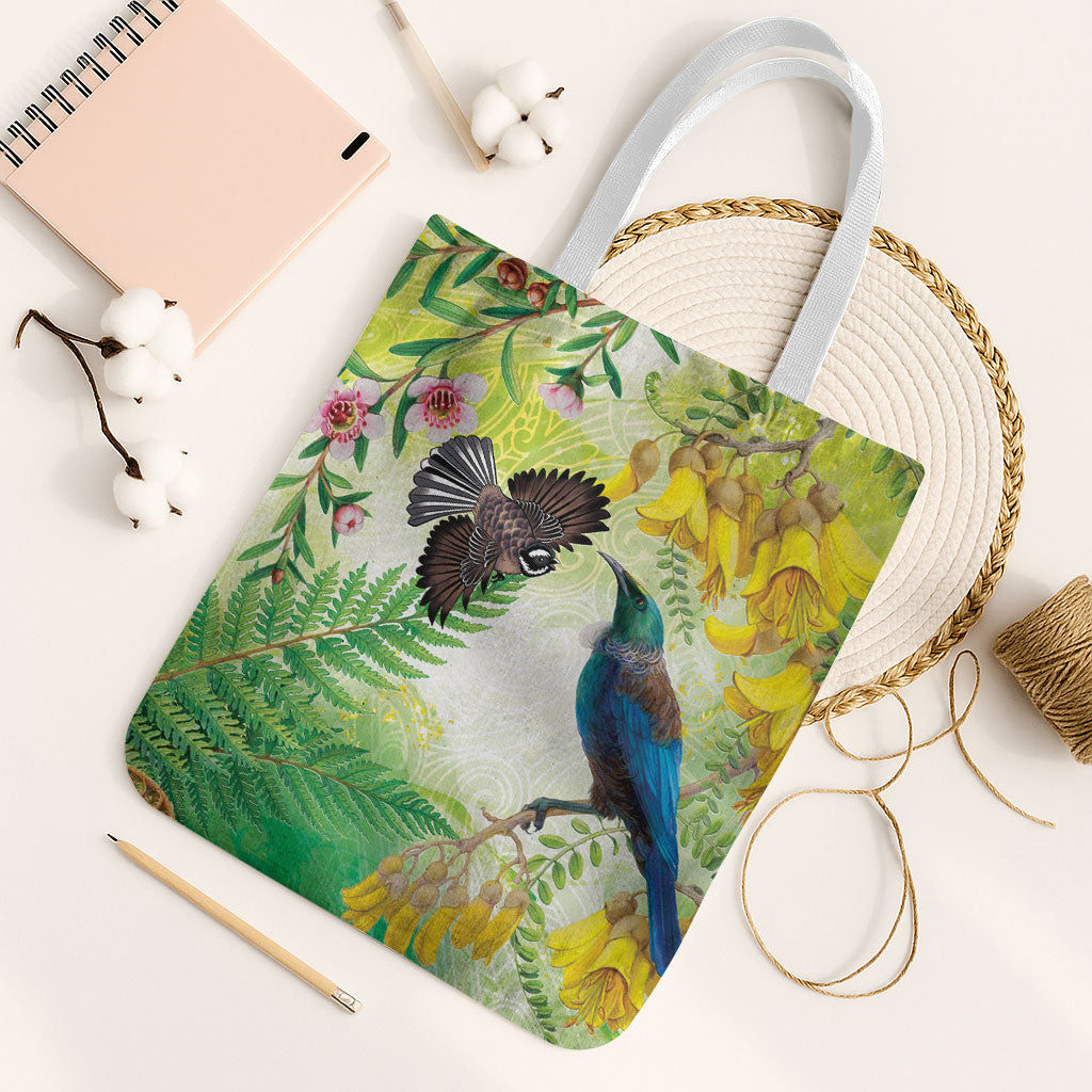New Zealand Maori Mahuru Tote Bag Tui With Pikawakawa Spring Colors LT7 White Strap One Size Multicolor - Polynesian Pride