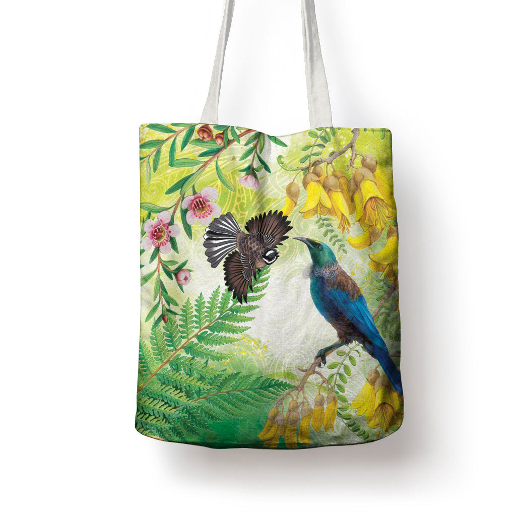 New Zealand Maori Mahuru Tote Bag Tui With Pikawakawa Spring Colors LT7 - Polynesian Pride