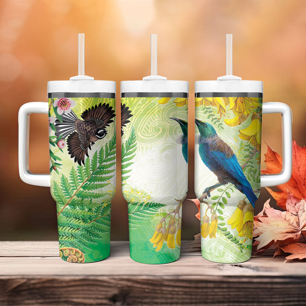 New Zealand Maori Mahuru Tumbler With Handle Tui With Pikawakawa Spring Colors LT7 - Polynesian Pride